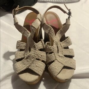 Cream Woven Wedge Sandals with Adjustable Ankle Strap